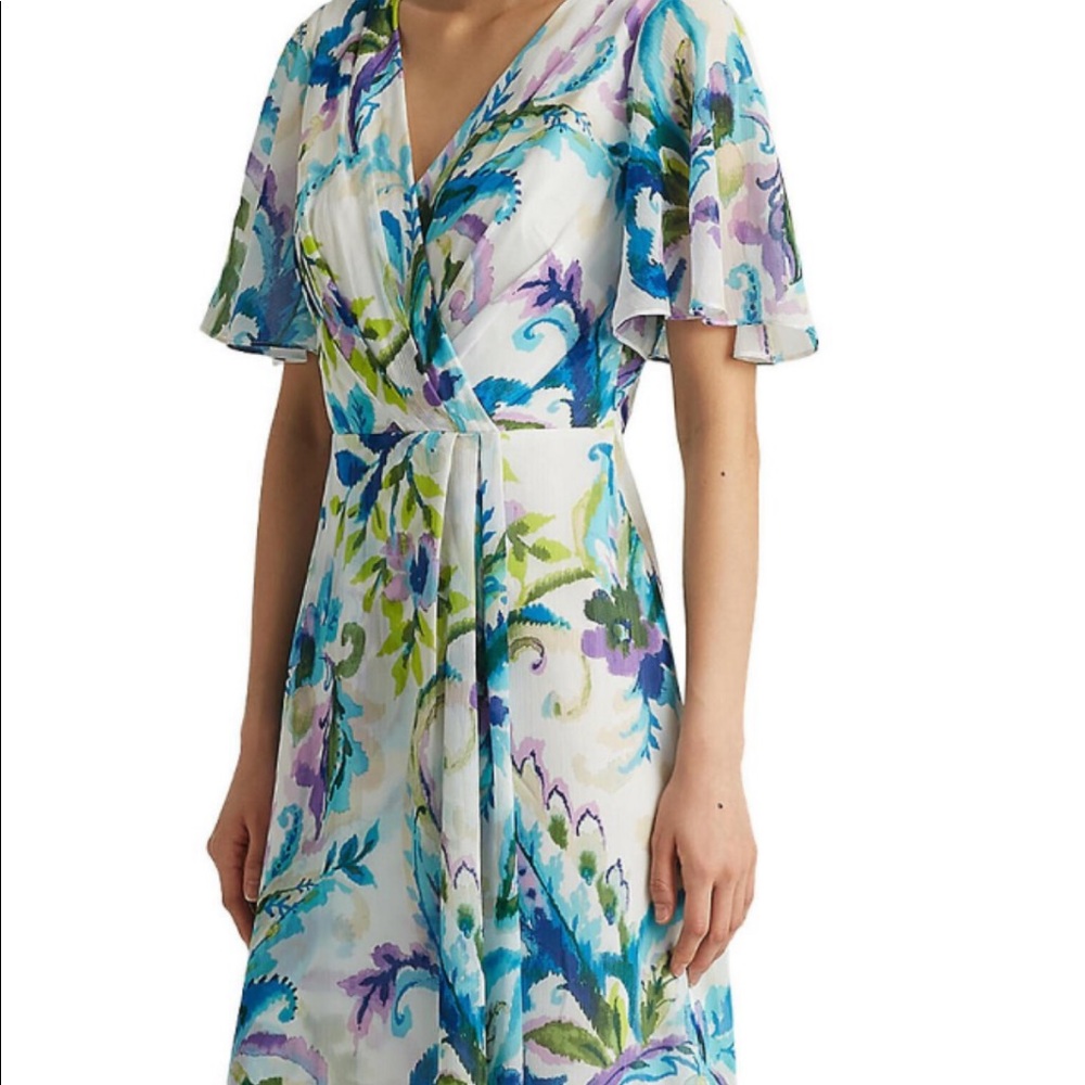 Faux Wrap Surplice V-Neck Flutter Short Sleeve Floral Chiffon Side Knot Dress